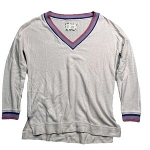 Anthropologie Gray V-Neck Sweater with Purple Trim